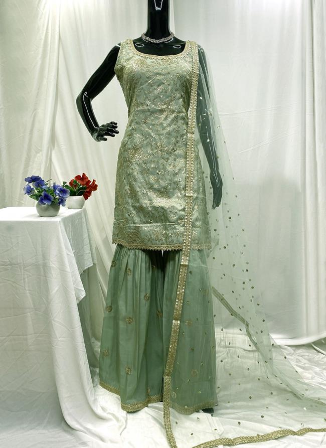 Shimmer Silk Pista Green Party Wear Embroidery Work Readymade Sharara Suit